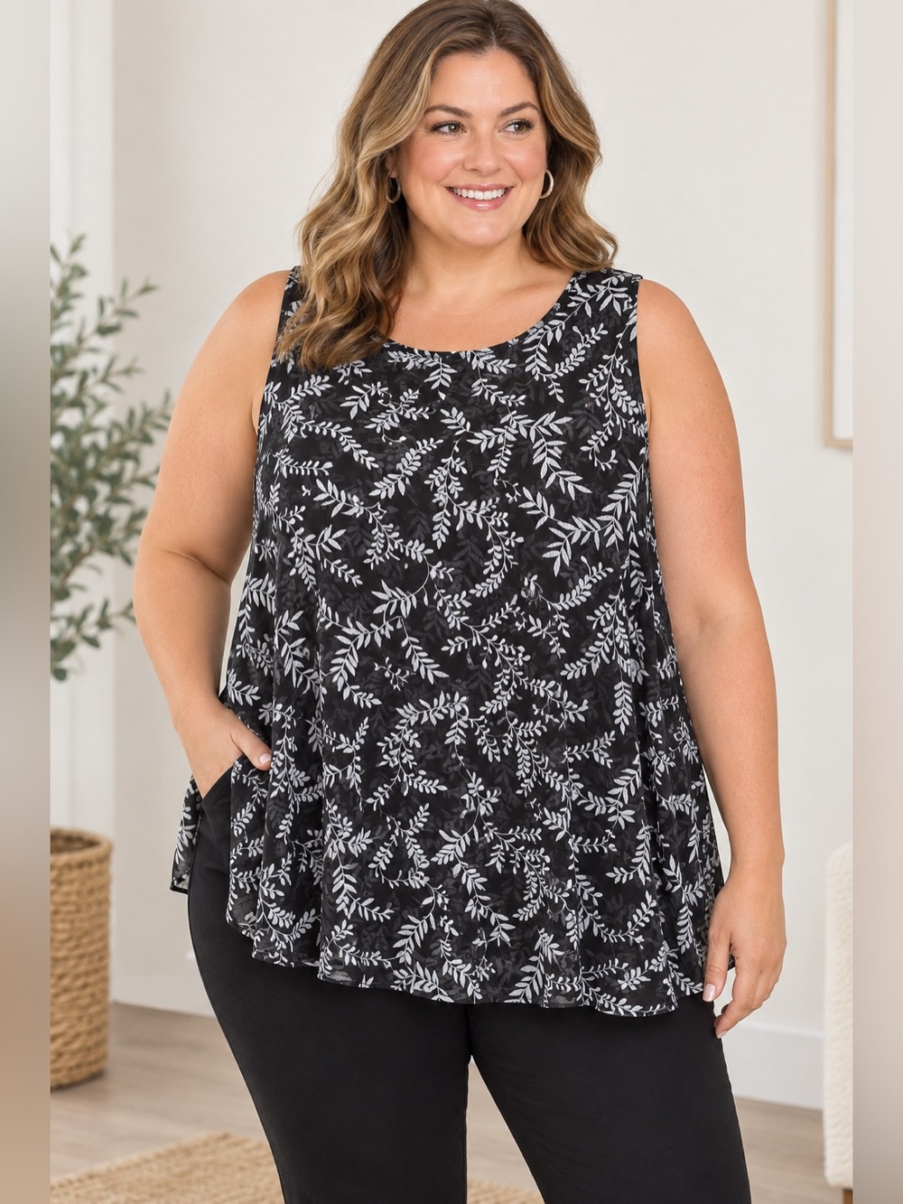 Cristina B Black Floral Sheer Sleeveless Blouse